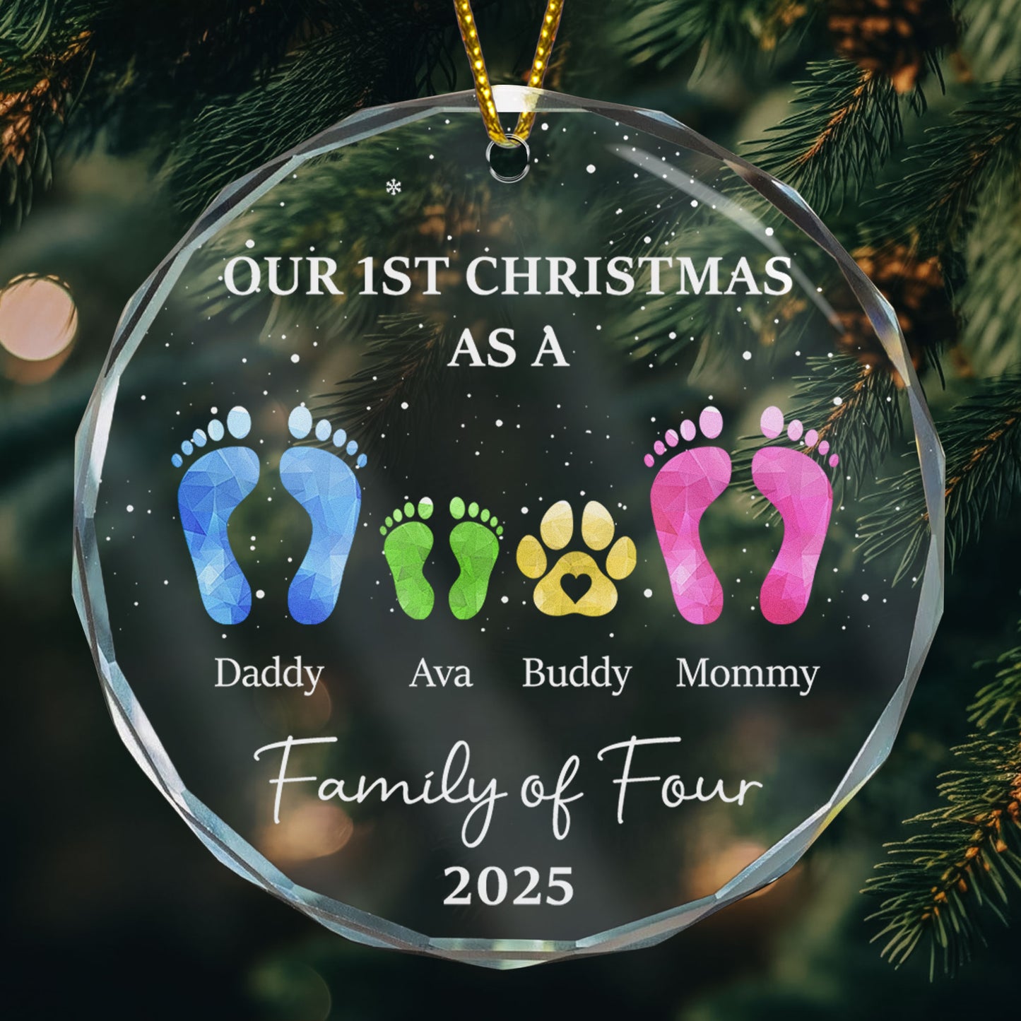 First Christmas As A Family Of Four Footprints - Personalized Glass Ornament