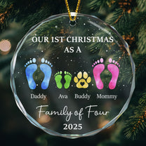 First Christmas As A Family Of Four Footprints - Personalized Glass Ornament