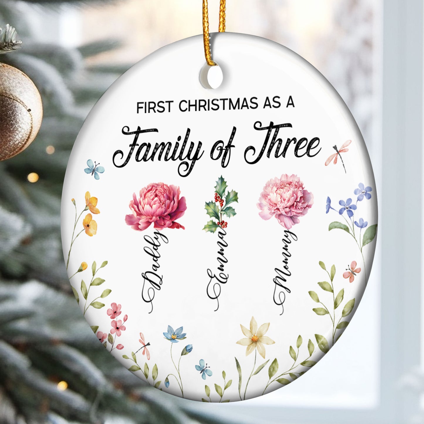 First Christmas As A Family Of Three Birth Flowers - Personalized Ceramic Ornament