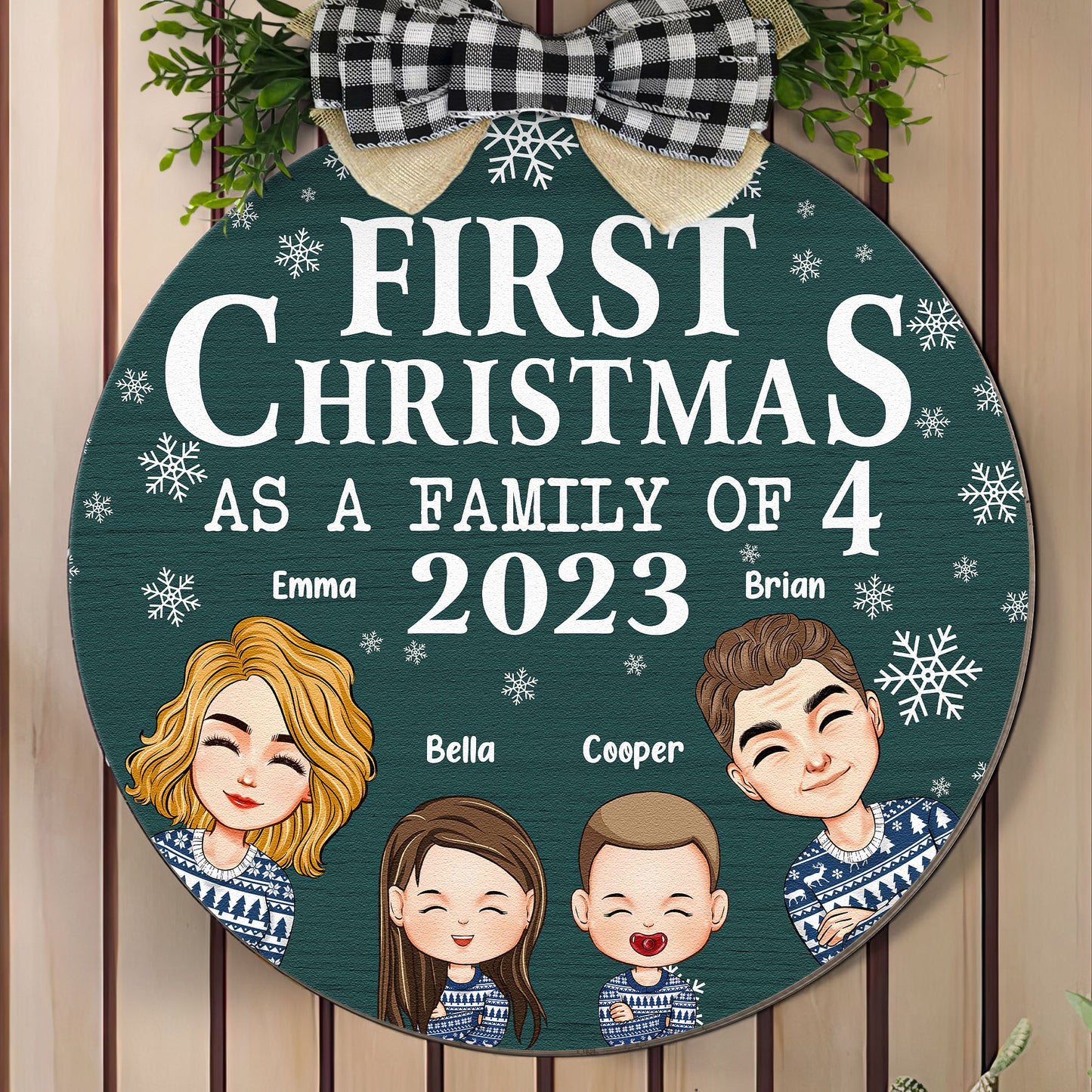 First Christmas As A Family With Children - Personalized Wood Wreath