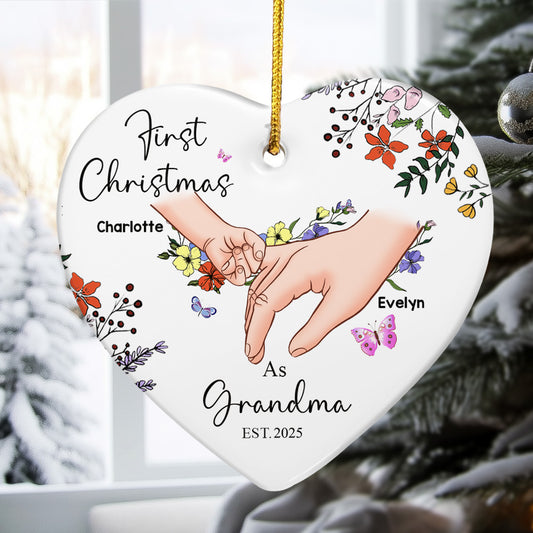 First Christmas As Grandma - Personalized Heart Shaped Ceramic Ornament