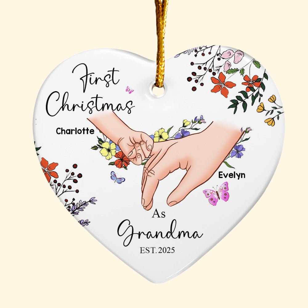 First Christmas As Grandma - Personalized Heart Shaped Ceramic Ornament