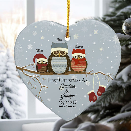 First Christmas As Grandma & Grandpa - Personalized Heart Shaped Ceramic Ornament