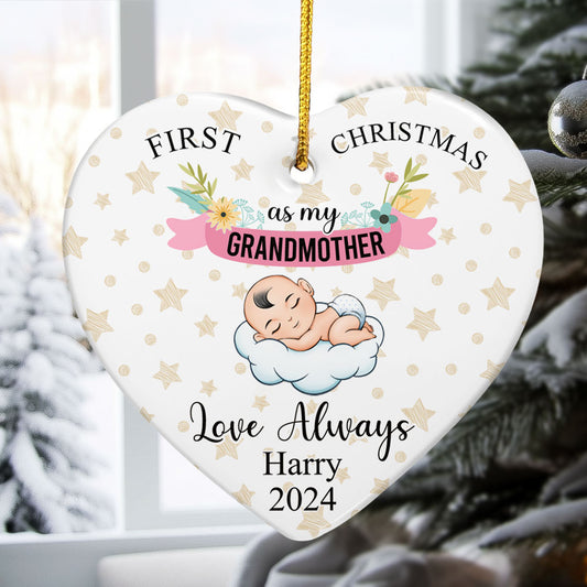 First Christmas As My Grandmother - Personalized Heart Shaped Ceramic Ornament