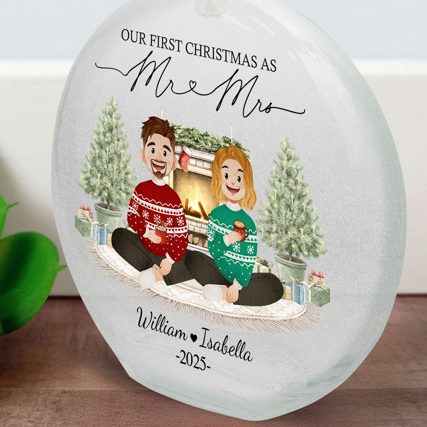 First Christmas Mr & Mrs Wedding Keepsake - Personalized Round Flat Bottle Light
