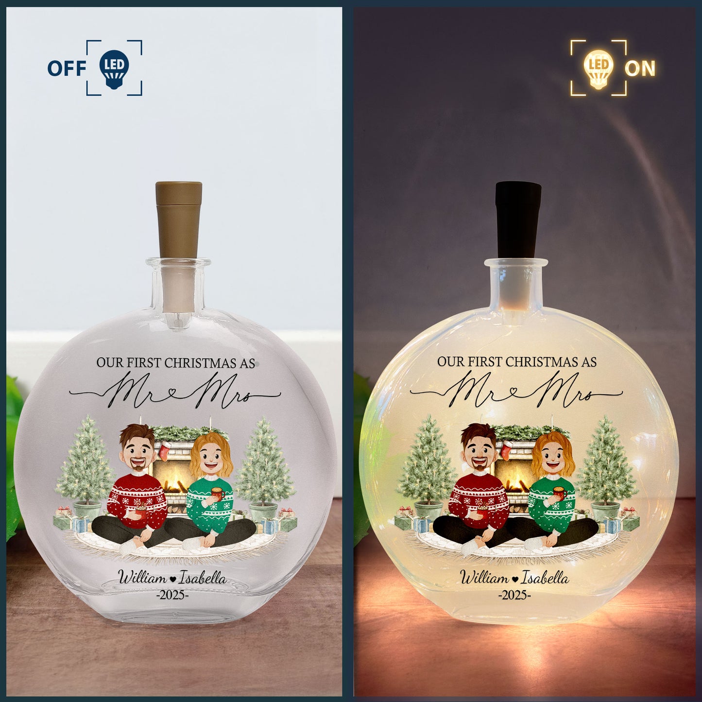 First Christmas Mr & Mrs Wedding Keepsake - Personalized Round Flat Bottle Light