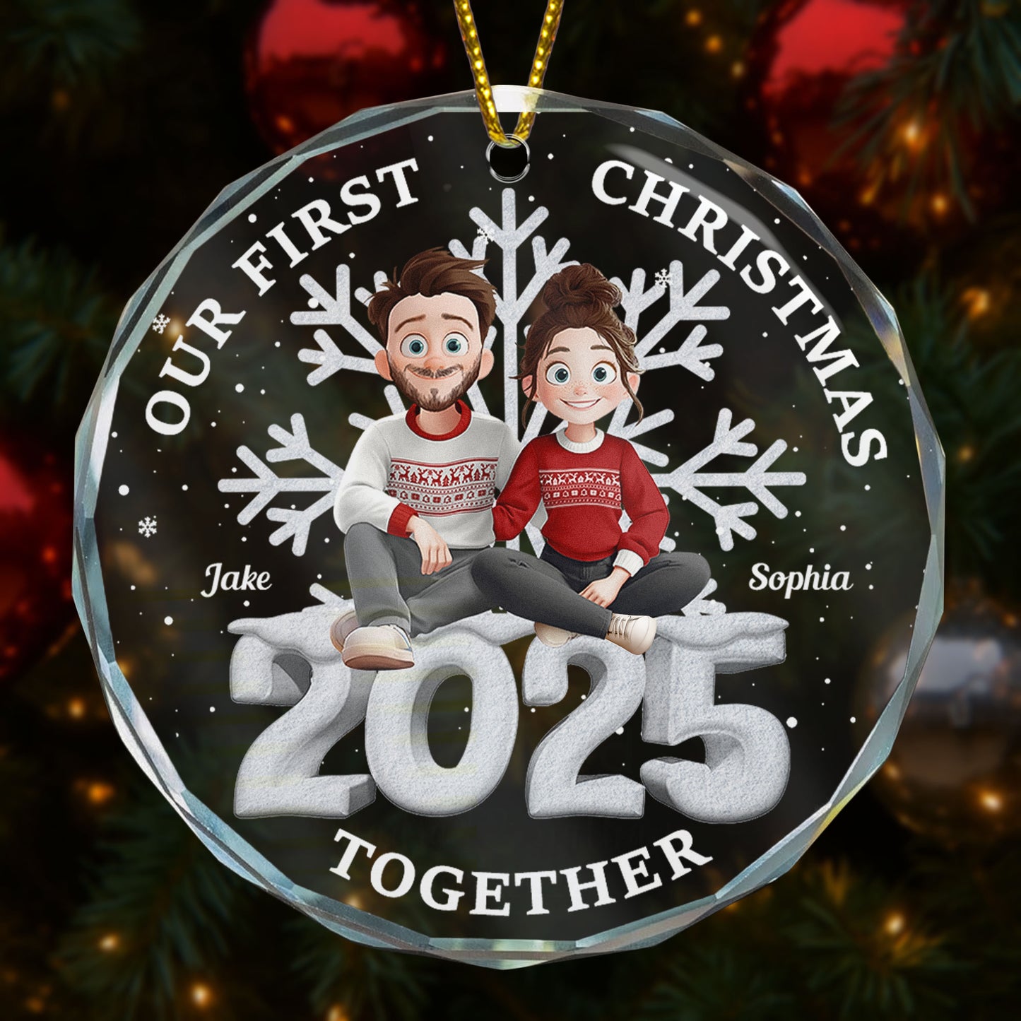 First Christmas Together 3D Cute Couple - Personalized Glass Ornament