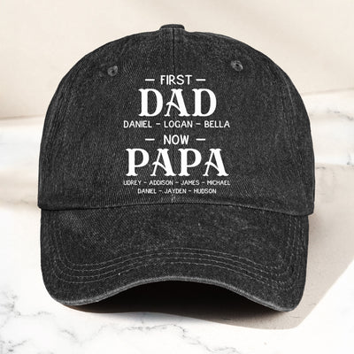 First Dad Now Grandpa With Kids' Names - Personalized Distressed Denim Cap