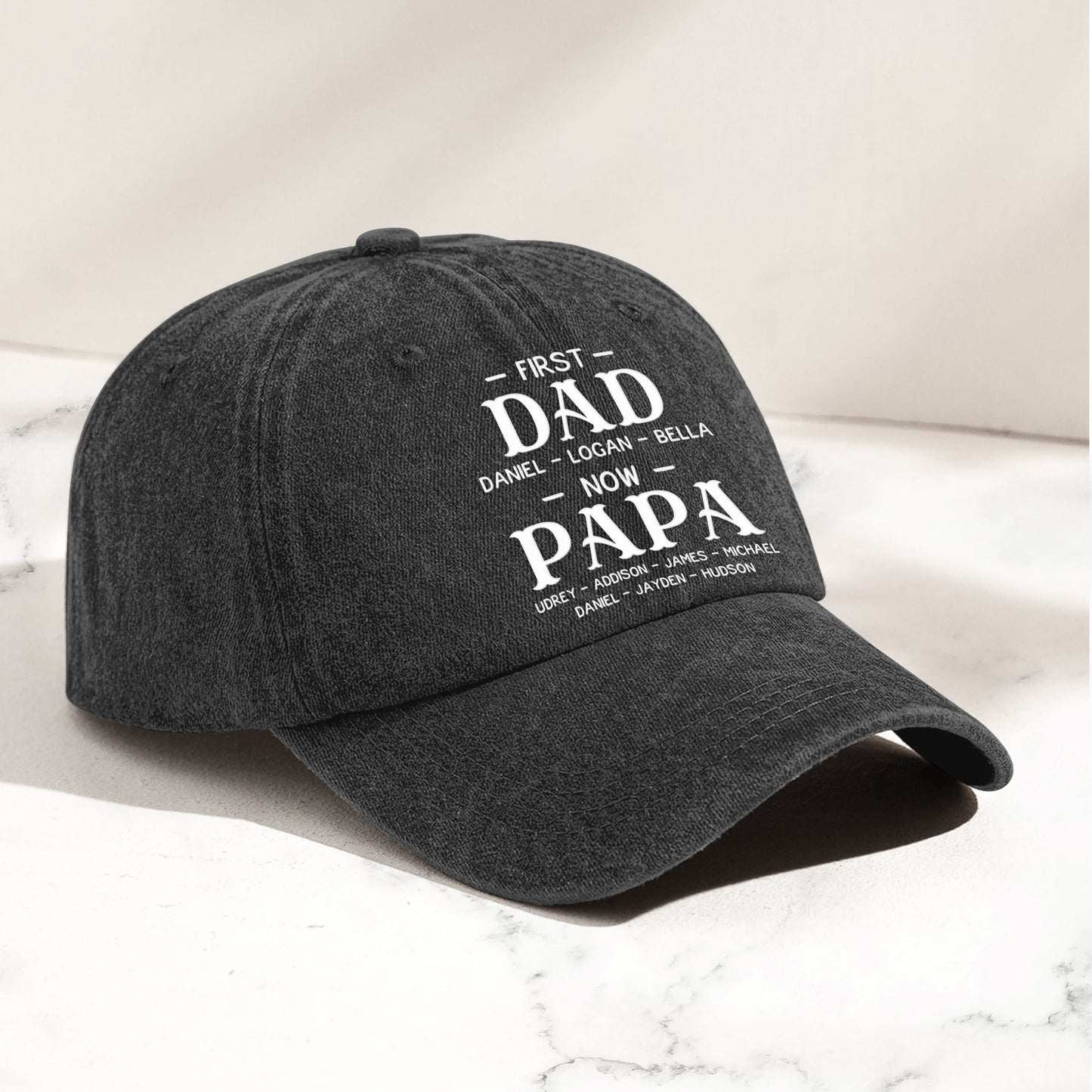 First Dad Now Grandpa With Kids' Names - Personalized Distressed Denim Cap