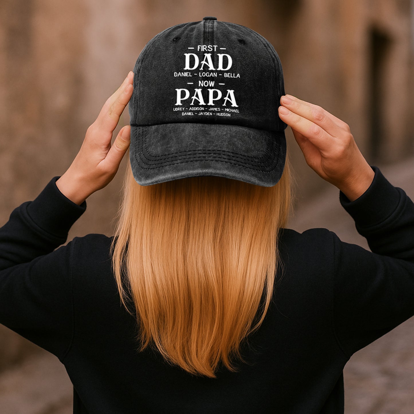 First Dad Now Grandpa With Kids' Names - Personalized Distressed Denim Cap