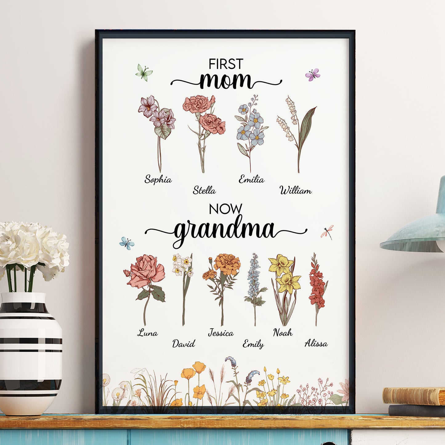 First Mom Now Grandma Birth Flower With Grandkids Names - Personalized Poster