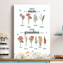 First Mom Now Grandma Birth Flower With Grandkids Names - Personalized Poster