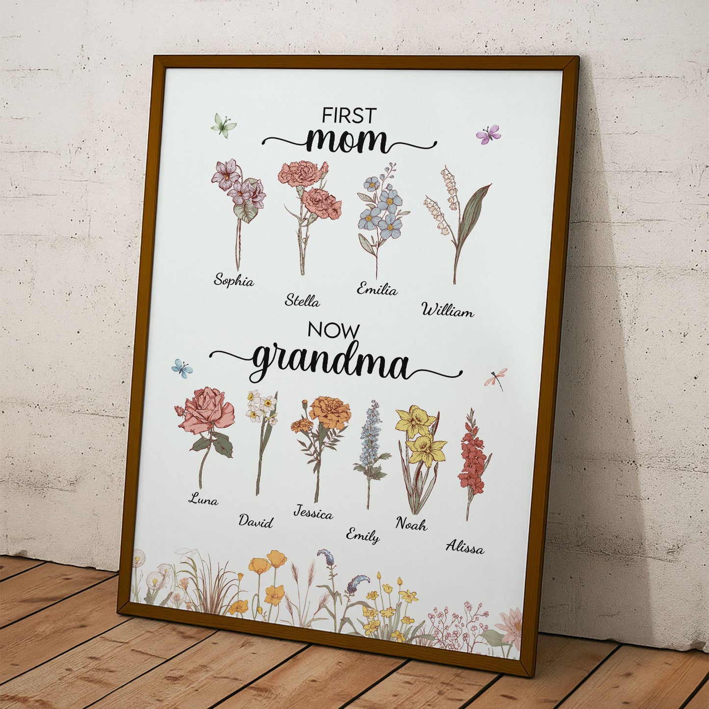 First Mom Now Grandma Birth Flower With Grandkids Names - Personalized Poster