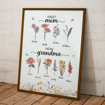 First Mom Now Grandma Birth Flower With Grandkids Names - Personalized Poster
