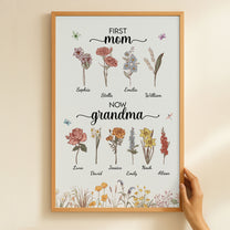 First Mom Now Grandma Birth Flower With Grandkids Names - Personalized Poster