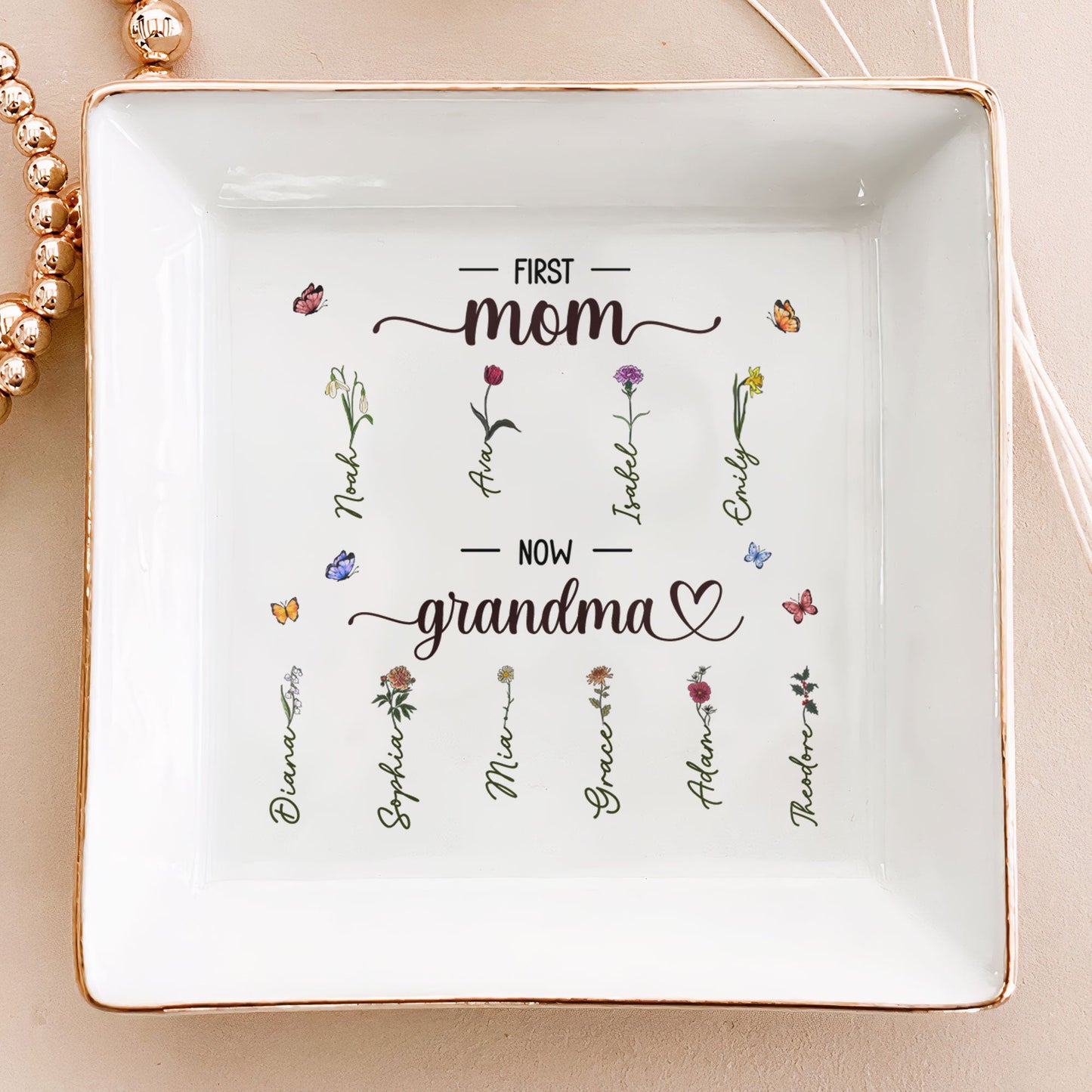 First Mom Now Grandma Birth Flowers - Personalized Jewelry Dish