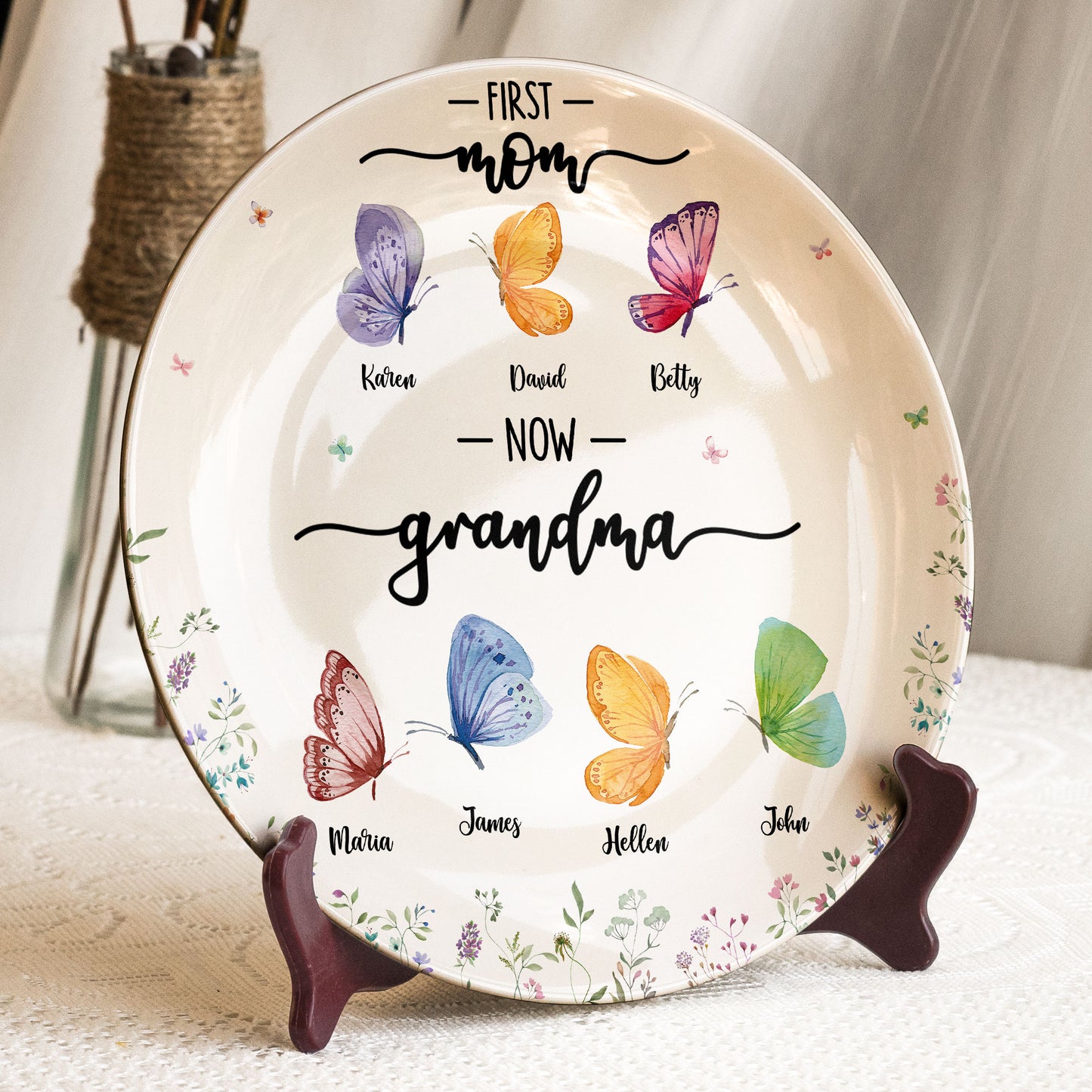 First Mom Now Grandma - Butterfly Version - Personalized Ceramic Plate