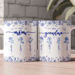 First Mom Now Grandma Custom Birth Flower Toile De Jouy - Personalized Mug