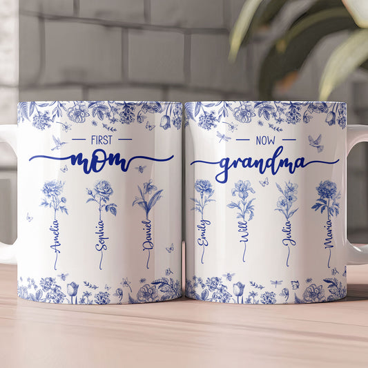 First Mom Now Grandma Custom Birth Flower Toile De Jouy - Personalized Mug