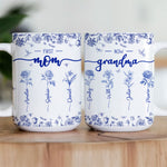 First Mom Now Grandma Custom Birth Flower Toile De Jouy - Personalized Mug