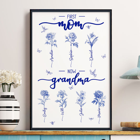 First Mom Now Grandma Custom Birth Flower Toile De Jouy - Personalized Poster