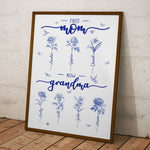 First Mom Now Grandma Custom Birth Flower Toile De Jouy - Personalized Poster