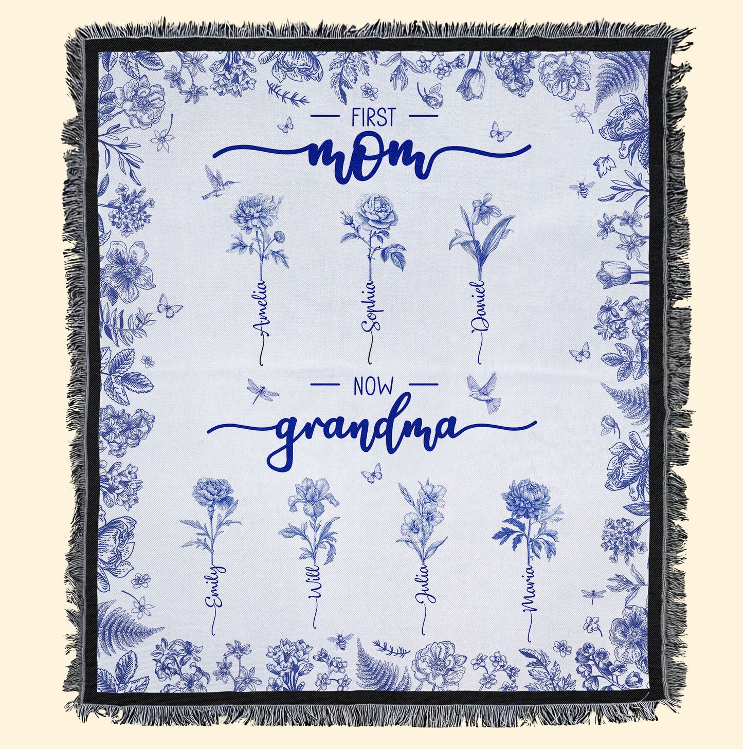 First Mom Now Grandma Custom Birth Flower Toile De Jouy - Personalized Woven Blanket