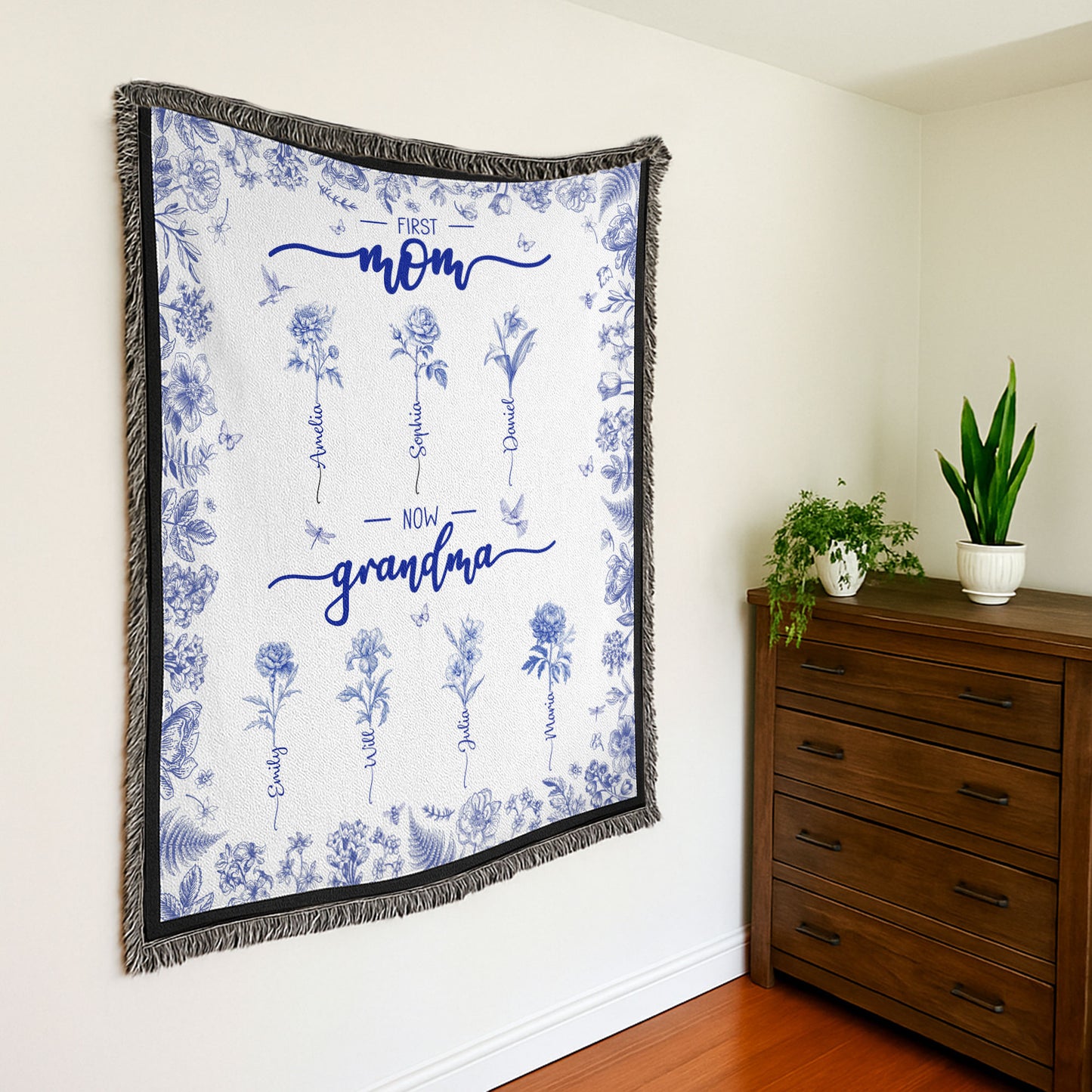 First Mom Now Grandma Custom Birth Flower Toile De Jouy - Personalized Woven Blanket