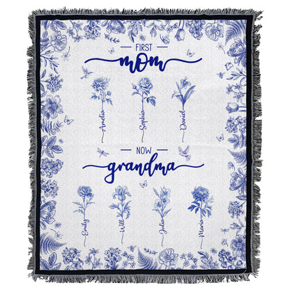 First Mom Now Grandma Custom Birth Flower Toile De Jouy - Personalized Woven Blanket