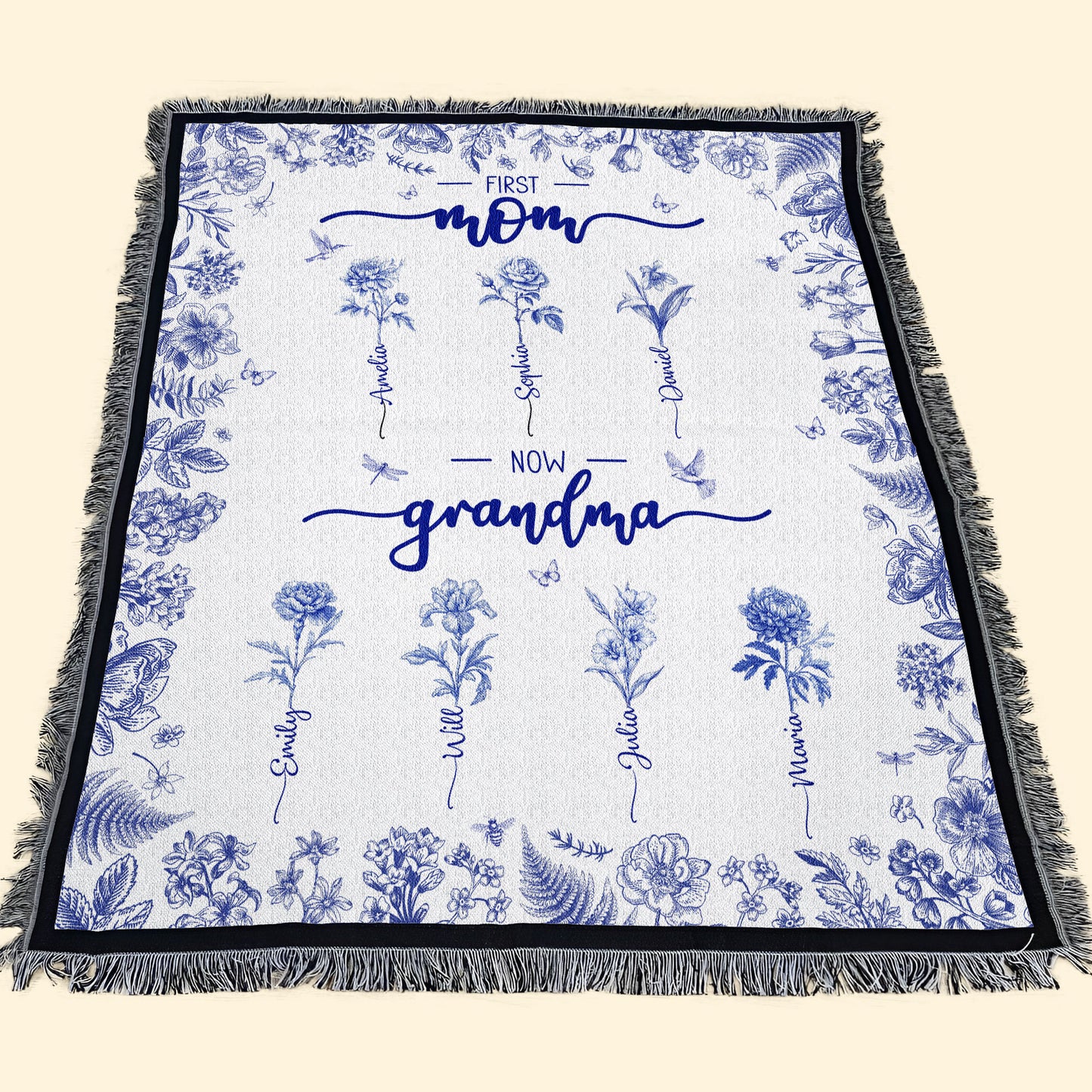 First Mom Now Grandma Custom Birth Flower Toile De Jouy - Personalized Woven Blanket