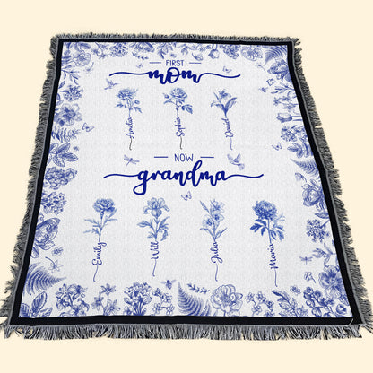 First Mom Now Grandma Custom Birth Flower Toile De Jouy - Personalized Woven Blanket