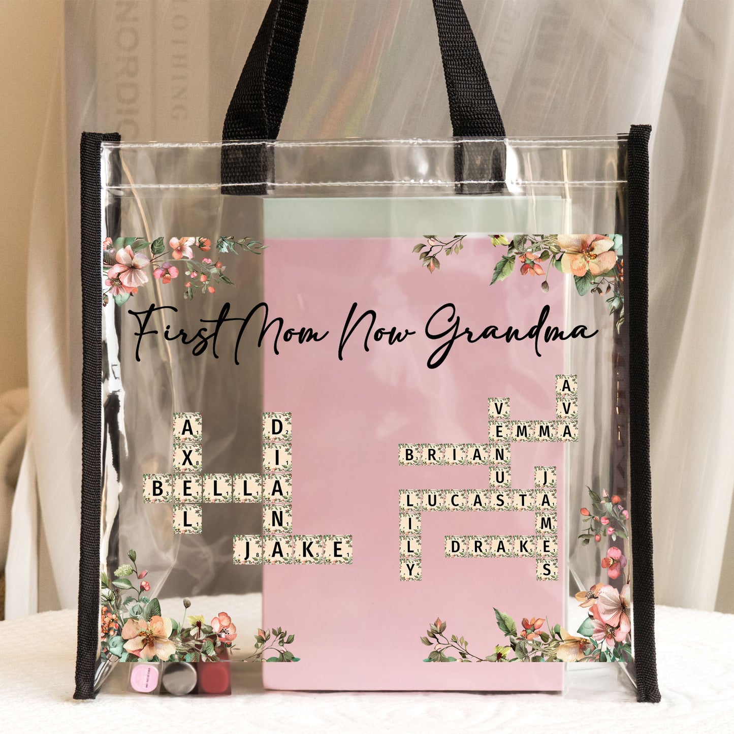 First Mom Now Grandma Floral Scrabble Name - Custom Clear Tote Bag