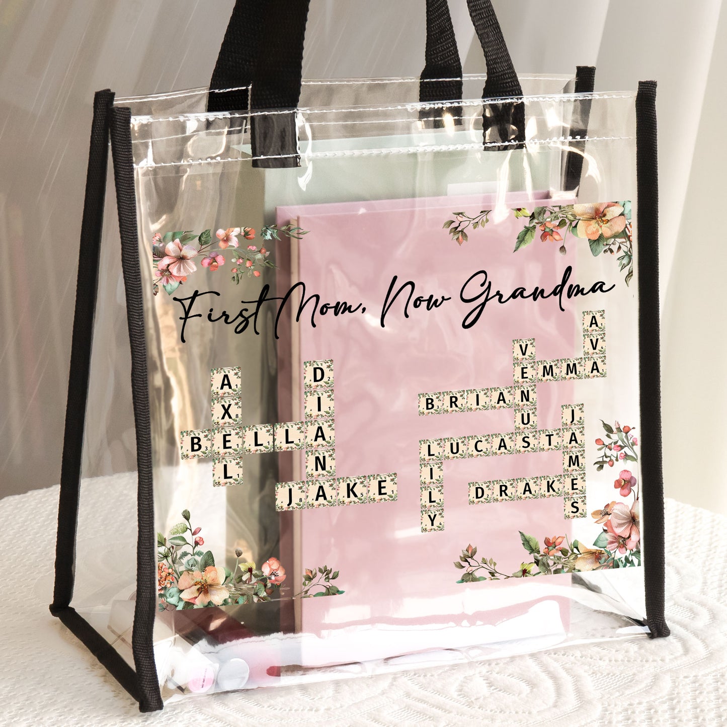 First Mom Now Grandma Floral Scrabble Name - Custom Clear Tote Bag