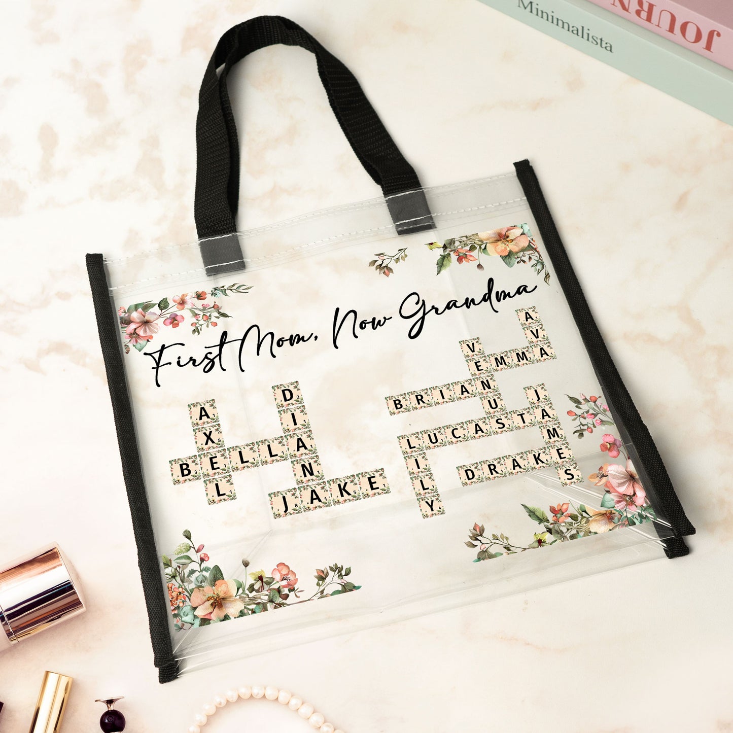 First Mom Now Grandma Floral Scrabble Name - Custom Clear Tote Bag