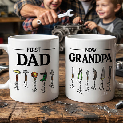 First Dad Now Grandpa Mug With Kids' Names, Daddy Papa Garage, New Grandpa Father's Day Gifts - Personalized Mug