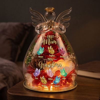 Mother's Day Gifts, First Mom Now Grandma Gift For Mom, Grandma - Personalized Flower In Glass Angel Figurines