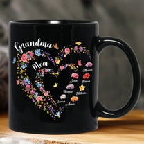 First-Mom-Now-Grandma-Heart-Flower-With-Kids'-Names-&-Birth-Flower-Black-Ver-Personalized-Mug-1