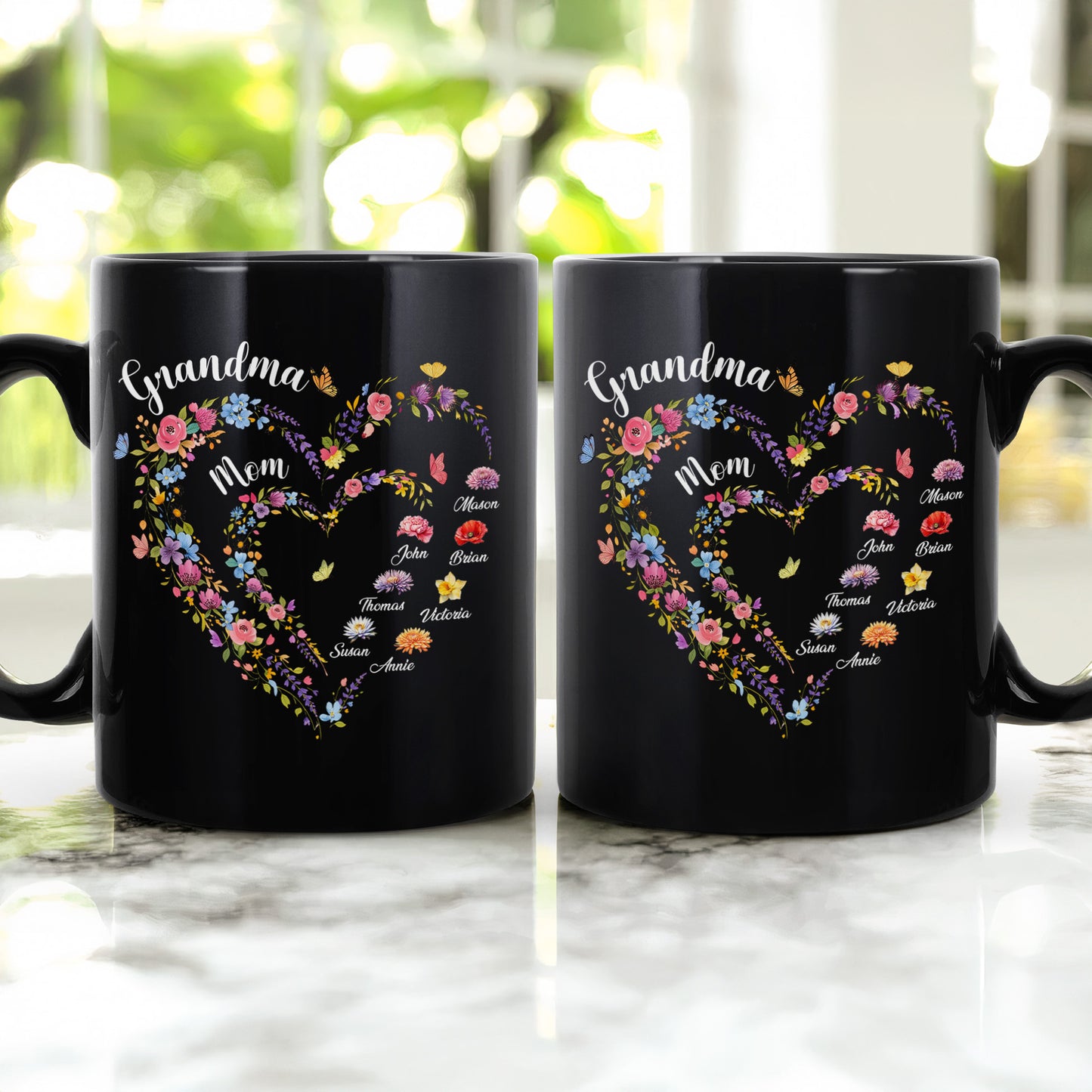 First-Mom-Now-Grandma-Heart-Flower-With-Kids'-Names-&-Birth-Flower-Black-Ver-Personalized-Mug-2