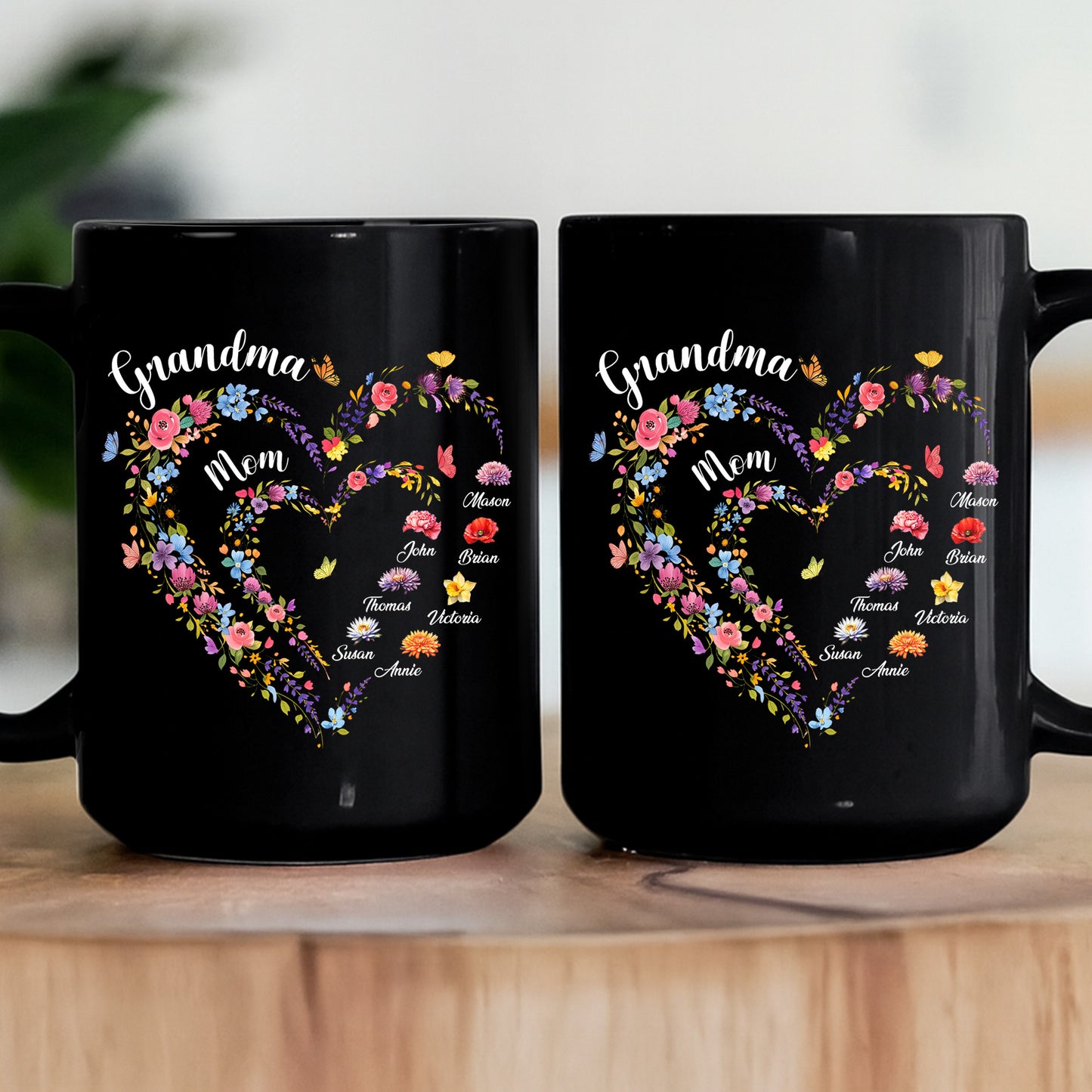 First-Mom-Now-Grandma-Heart-Flower-With-Kids'-Names-&-Birth-Flower-Black-Ver-Personalized-Mug-3