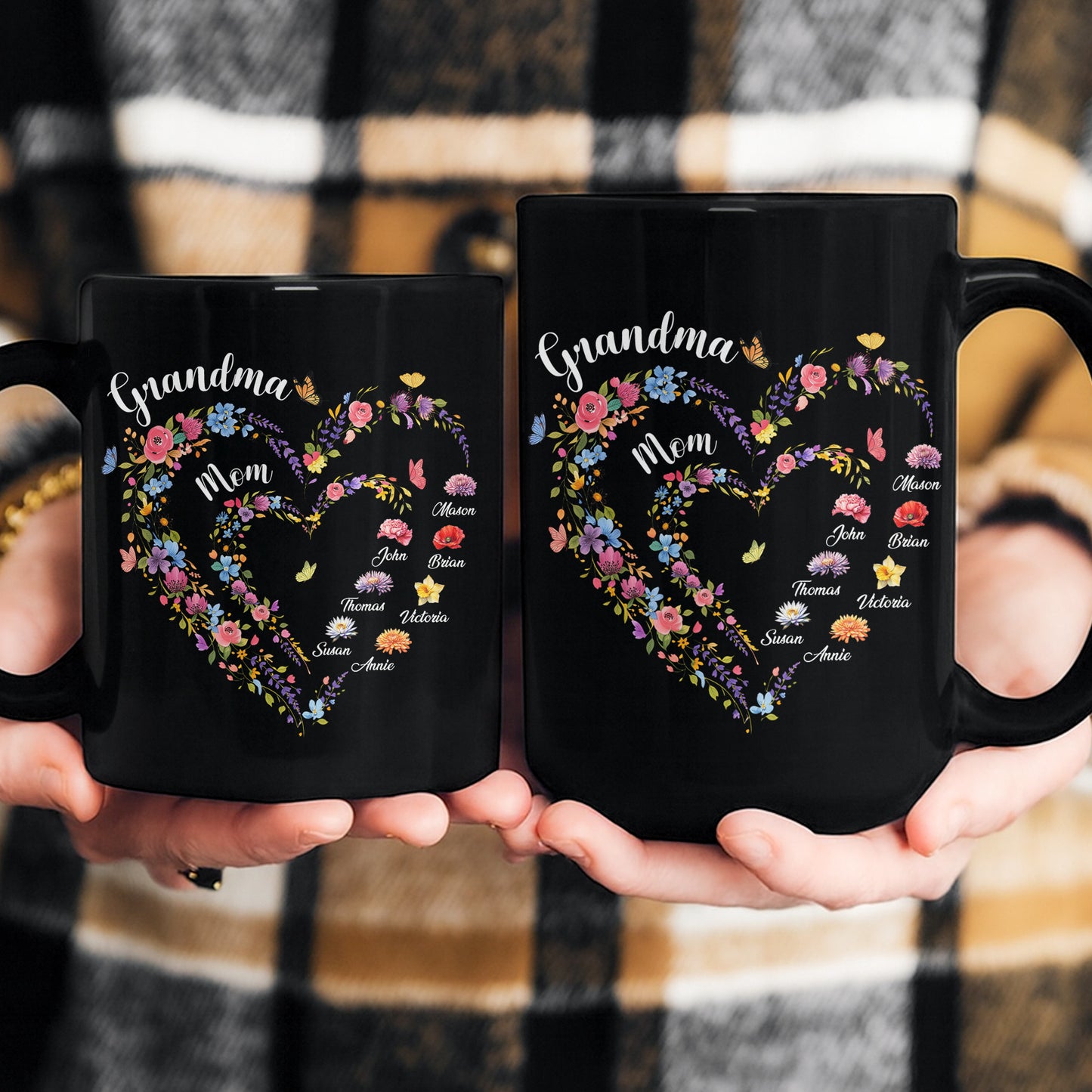 First-Mom-Now-Grandma-Heart-Flower-With-Kids'-Names-&-Birth-Flower-Black-Ver-Personalized-Mug-4