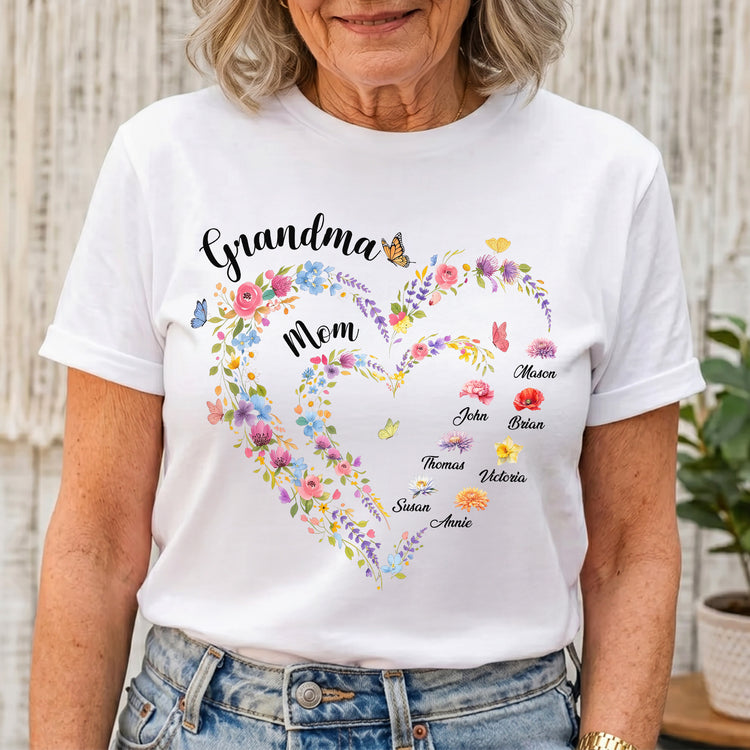 First-Mom-Now-Grandma-Heart-Flower-With-Kids'-Names-&-Birth-Flower-Personalized-Shirt-1