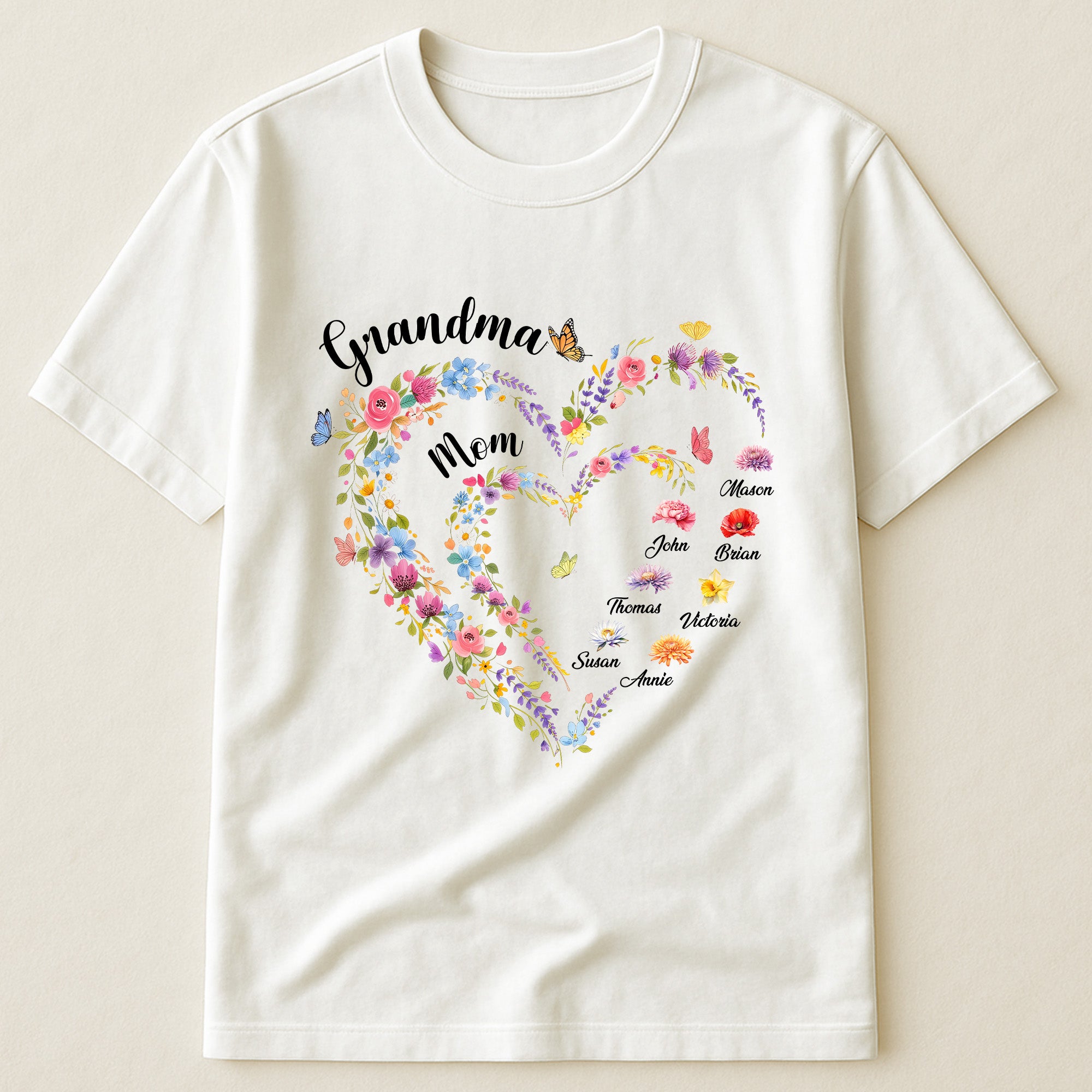 First-Mom-Now-Grandma-Heart-Flower-With-Kids'-Names-&-Birth-Flower-Personalized-Shirt-2