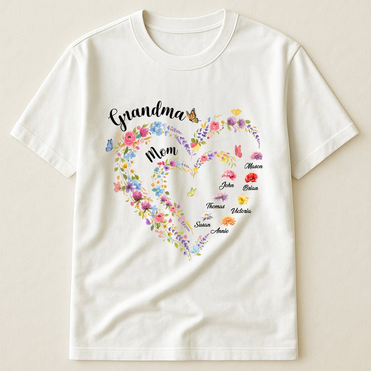 First-Mom-Now-Grandma-Heart-Flower-With-Kids'-Names-&-Birth-Flower-Personalized-Shirt-2