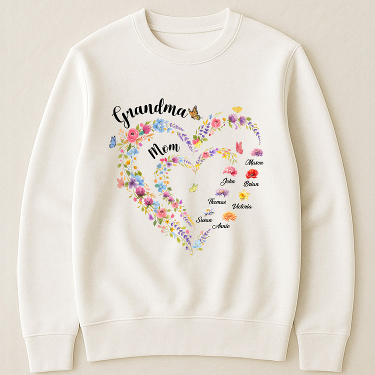 First-Mom-Now-Grandma-Heart-Flower-With-Kids'-Names-&-Birth-Flower-Personalized-Shirt-3
