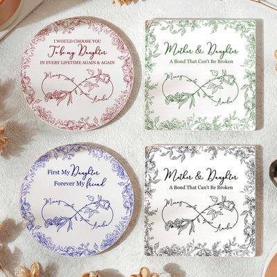 First My Daughter Forever My Friend Toile De Jouy Birth Flower - Personalized Coaster