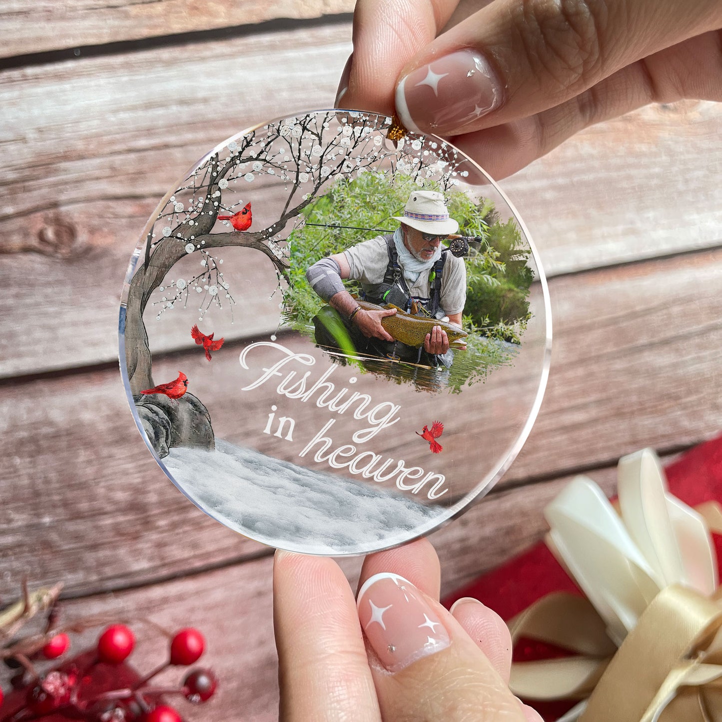Fishing In Heaven Loss Of Dad, Husband Memorial - Personalized Acrylic Photo Ornament