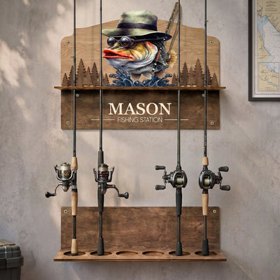 Fishing Station - Gift For Him, Fishing Lovers, Husband, Dad - Personalized Fishing Rod Holder