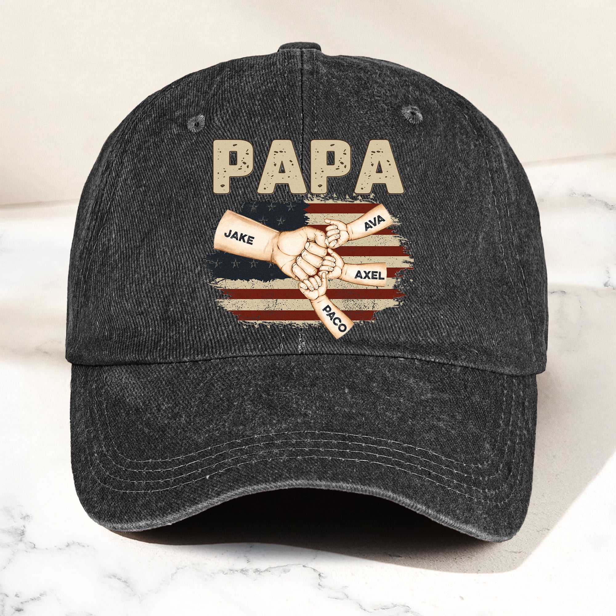 Fistbump Papa We Love You - Personalized Distressed Denim Cap