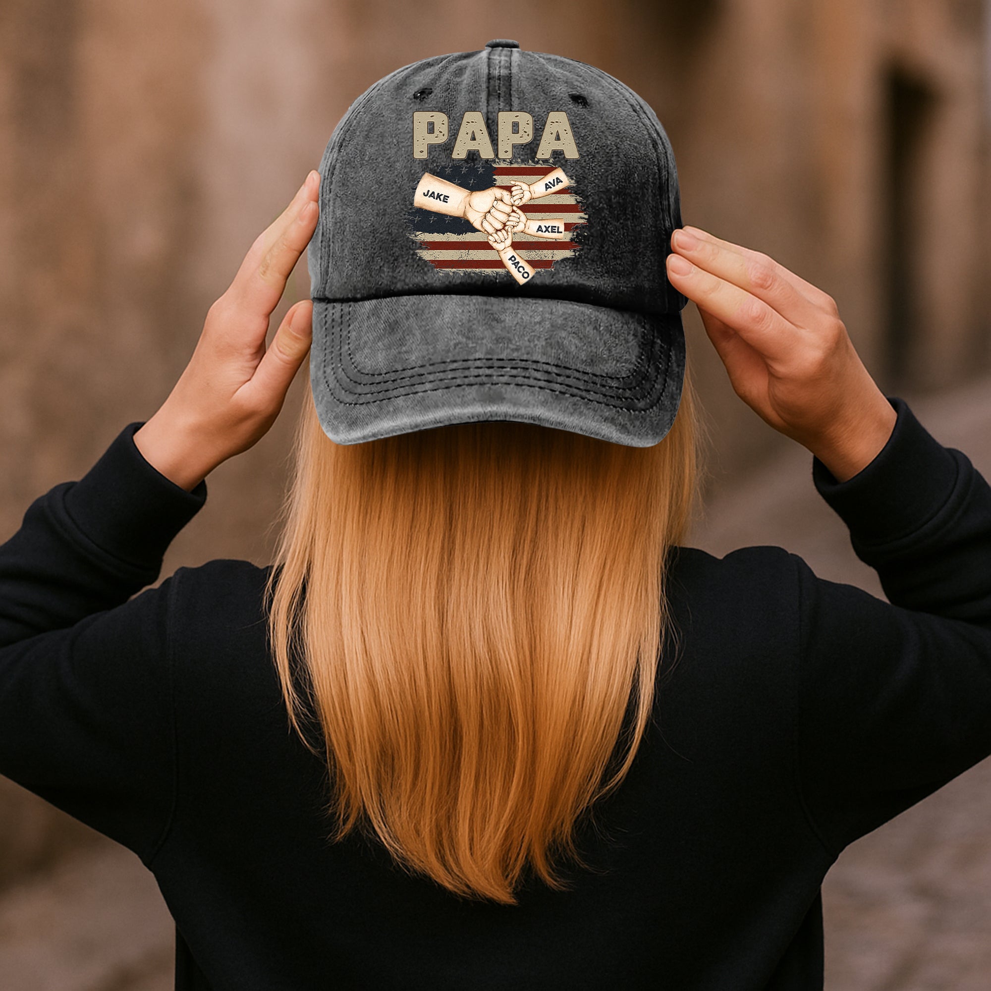 Fistbump Papa We Love You - Personalized Distressed Denim Cap