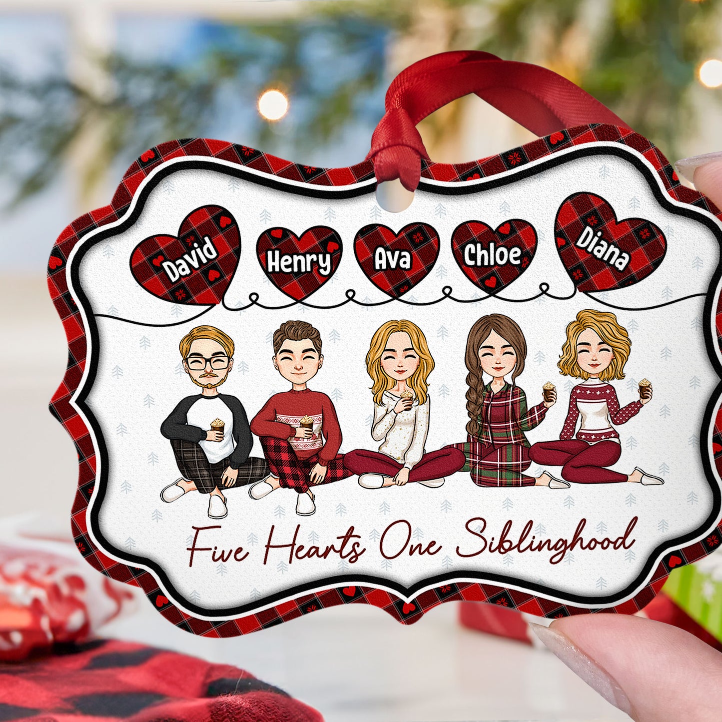 Five Hearts One Siblinghood - Personalized Aluminum Ornament
